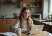 Jeune femme souriante utilisant un ordinateur portable dans sa cuisine