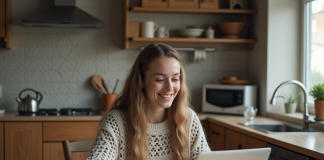 Jeune femme souriante utilisant un ordinateur portable dans sa cuisine