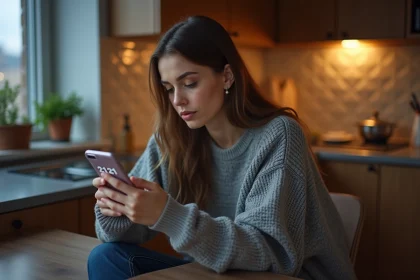 Femme pensante avec smartphone dans une cuisine chaleureuse