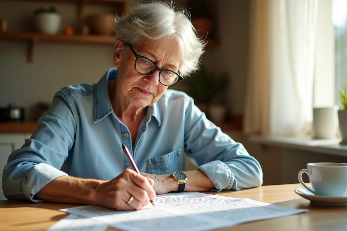 Femme d'une cinquantaine d'années résolvant des mots croisés sur une grille imprimée avec un stylo à une table de cuisine ensoleillée
