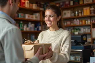 Femme souriante récupérant un colis Colissimo emballé cadeau dans un point de dépôt de quartier