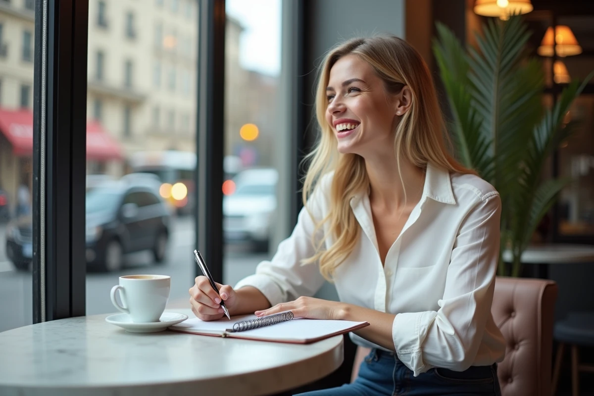 Jeune femme blonde riant dans un café avec vue urbaine