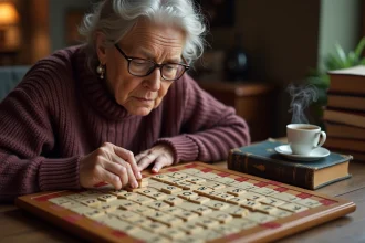 Femme concentrée jouant au Scrabble avec un dictionnaire posé sur la table à côté du plateau de jeu
