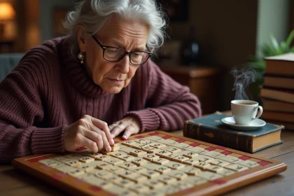 Femme concentrée jouant au Scrabble avec un dictionnaire posé sur la table à côté du plateau de jeu