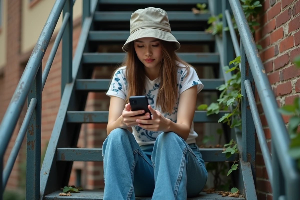 Femme assise sur escalier urbain vérifiant son smartphone