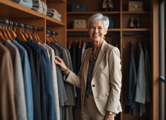 Garde-robe à 60 ans : conseils pour être stylée et tendance Femme élégante de 60 ans dans un dressing moderne