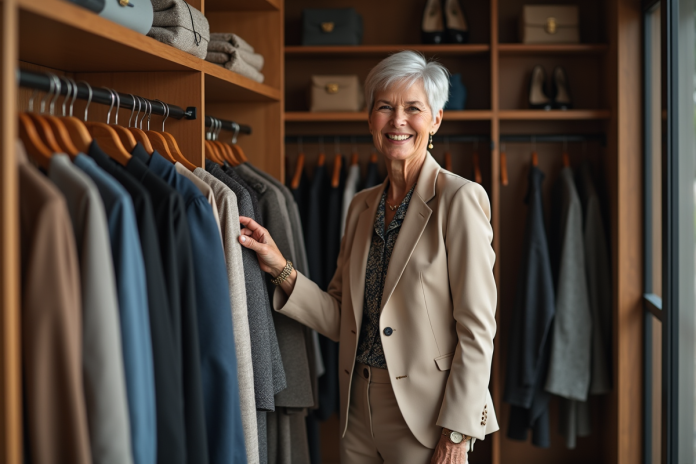 femme-senior-closet-mode Femme élégante de 60 ans dans un dressing moderne