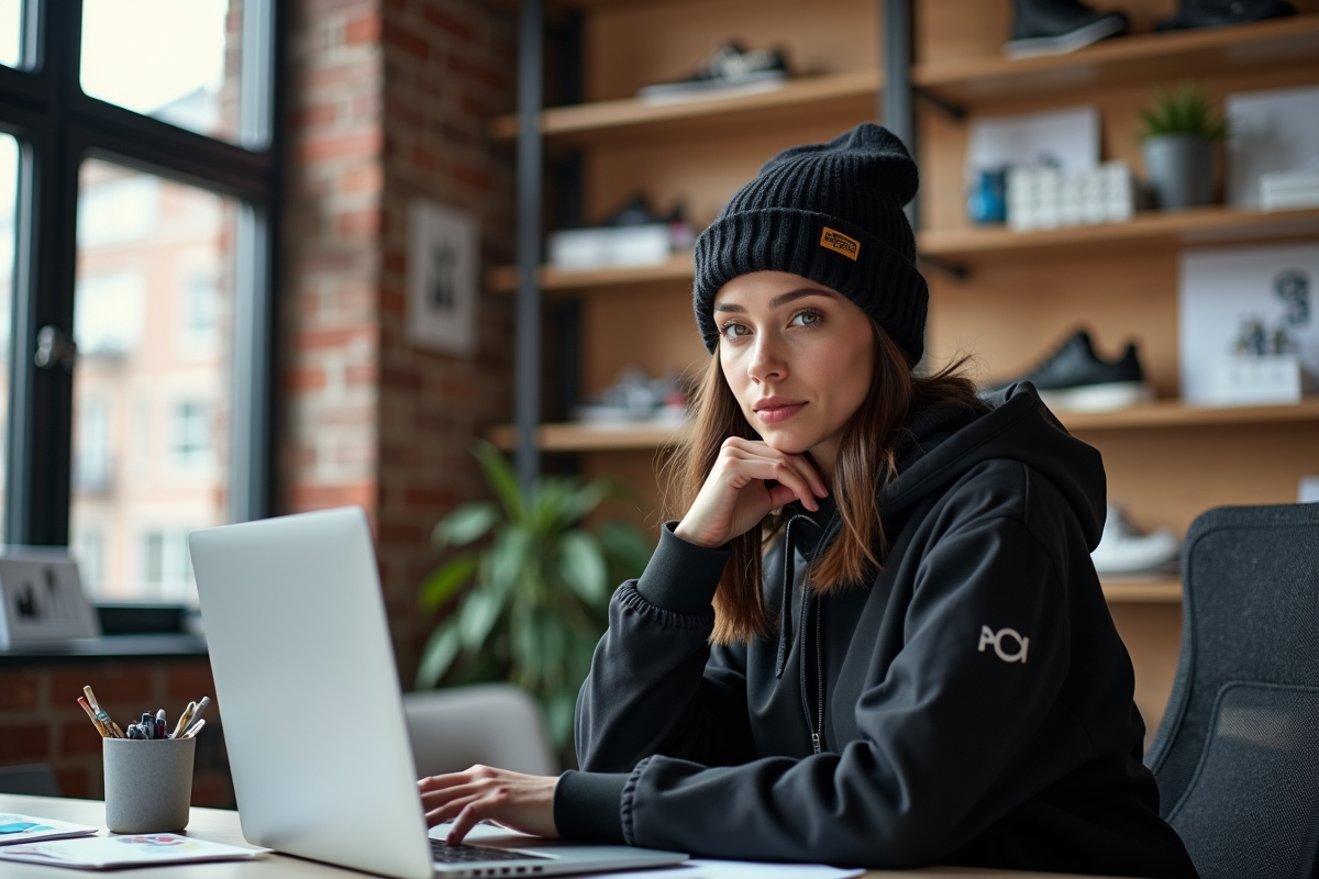 Femme en streetwear dans un bureau créatif avec mood boards