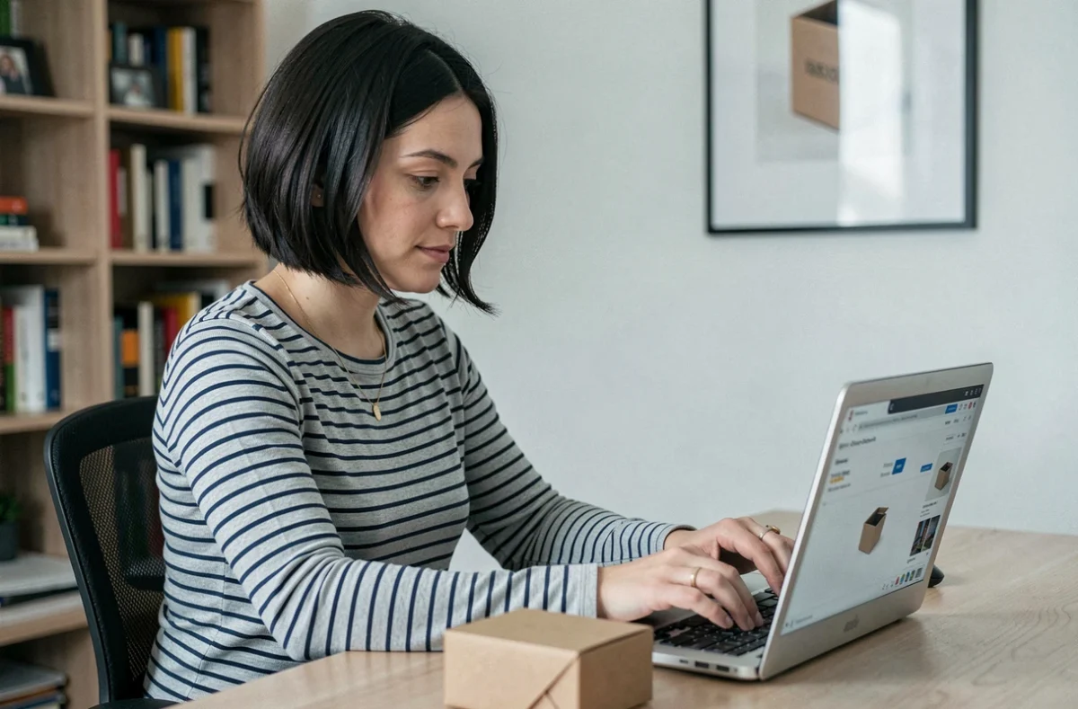 Femme recherchant le suivi de son colis Vinted Go sur un ordinateur portable depuis son bureau à domicile