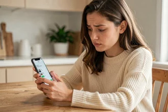 Jeune femme consultant l'application Vinted sur son smartphone pour suivre un colis sans numéro de suivi