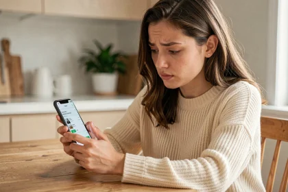 Jeune femme consultant l'application Vinted sur son smartphone pour suivre un colis sans numéro de suivi