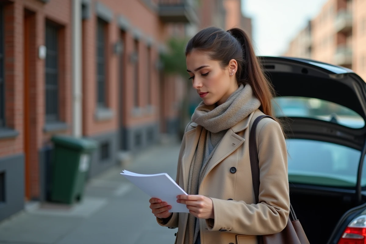 Jeune femme vérifiant des papiers devant sa voiture en ville