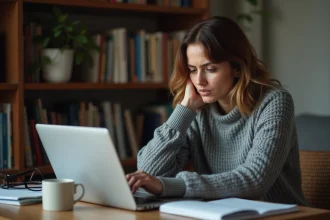 Femme vérifiant l'adresse d'un site web suspect sur son ordinateur portable pour éviter un faux site de streaming