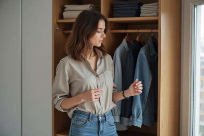 Femme choisissant des vêtements dans une garde-robe minimaliste à Londres