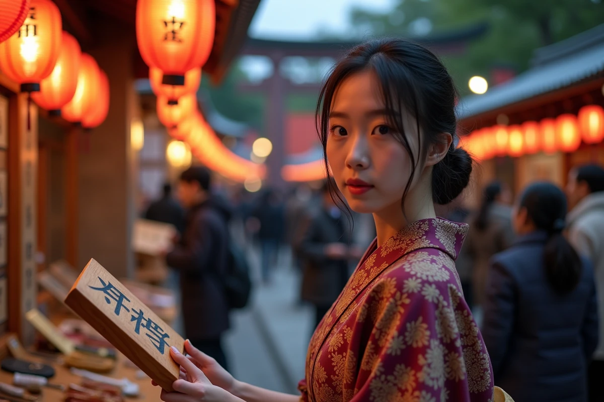 Jeune femme japonaise en yukata tenant une plaquette ema avec le kanji de l'amour lors d'un festival de temple