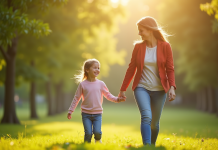 Jeune femme et enfant souriants dans un parc ensoleille