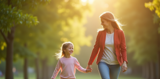 Jeune femme et enfant souriants dans un parc ensoleille