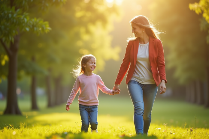 Jeune femme et enfant souriants dans un parc ensoleille