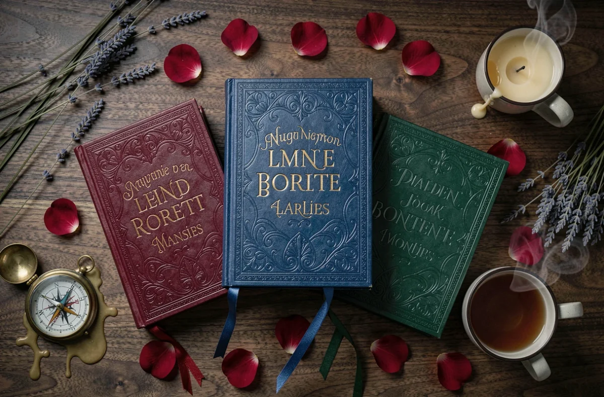 Flat lay de romans romantasy spicy en français avec accessoires vintage et pétales de rose sur fond bois sombre
