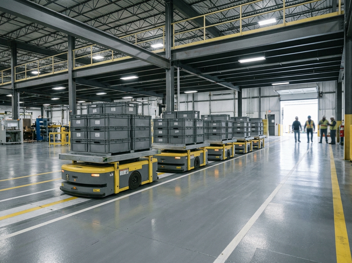 Flotte de véhicules à guidage automatique transportant des palettes dans une allée d'usine industrielle