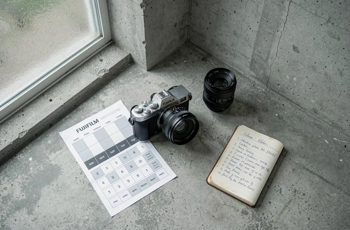 Fujifilm X-T20 posé sur béton avec accessoires photo pour techniques en basse lumière
