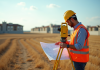 Acheter un terrain : pourquoi faire appel à un géomètre dès le début ? Professionnel en levé topographique avec station totale sur un terrain ensoleille