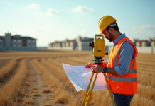 Professionnel en levé topographique avec station totale sur un terrain ensoleille