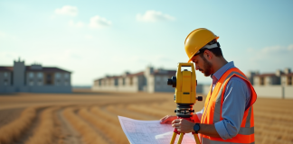 Professionnel en levé topographique avec station totale sur un terrain ensoleille