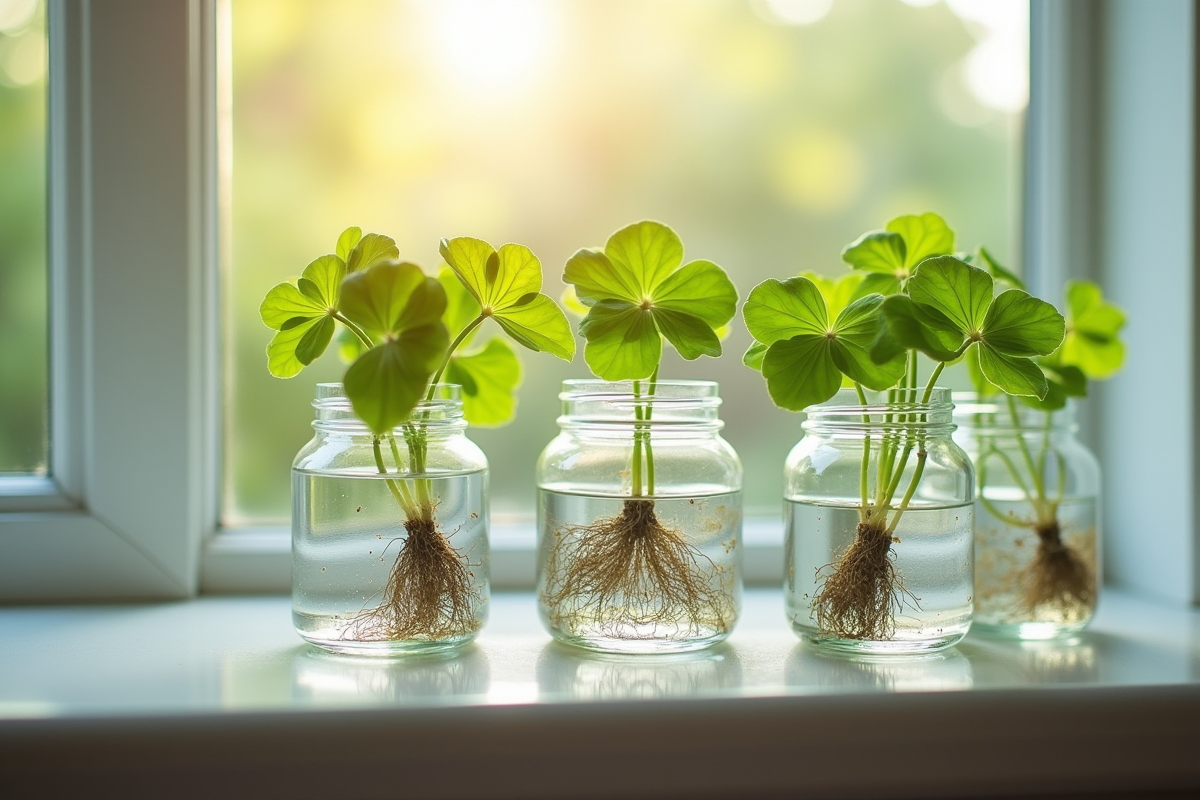 Geraniums en racines dans des verres d