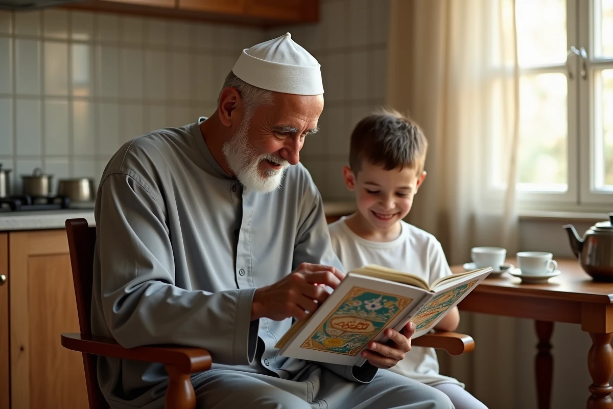 Un grand-père en kufi blanc expliquant les horaires de prière islamique à un petit-fils dans une cuisine familiale