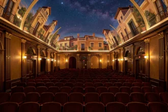 Grande salle d'un cinéma Art déco sous un plafond étoilé