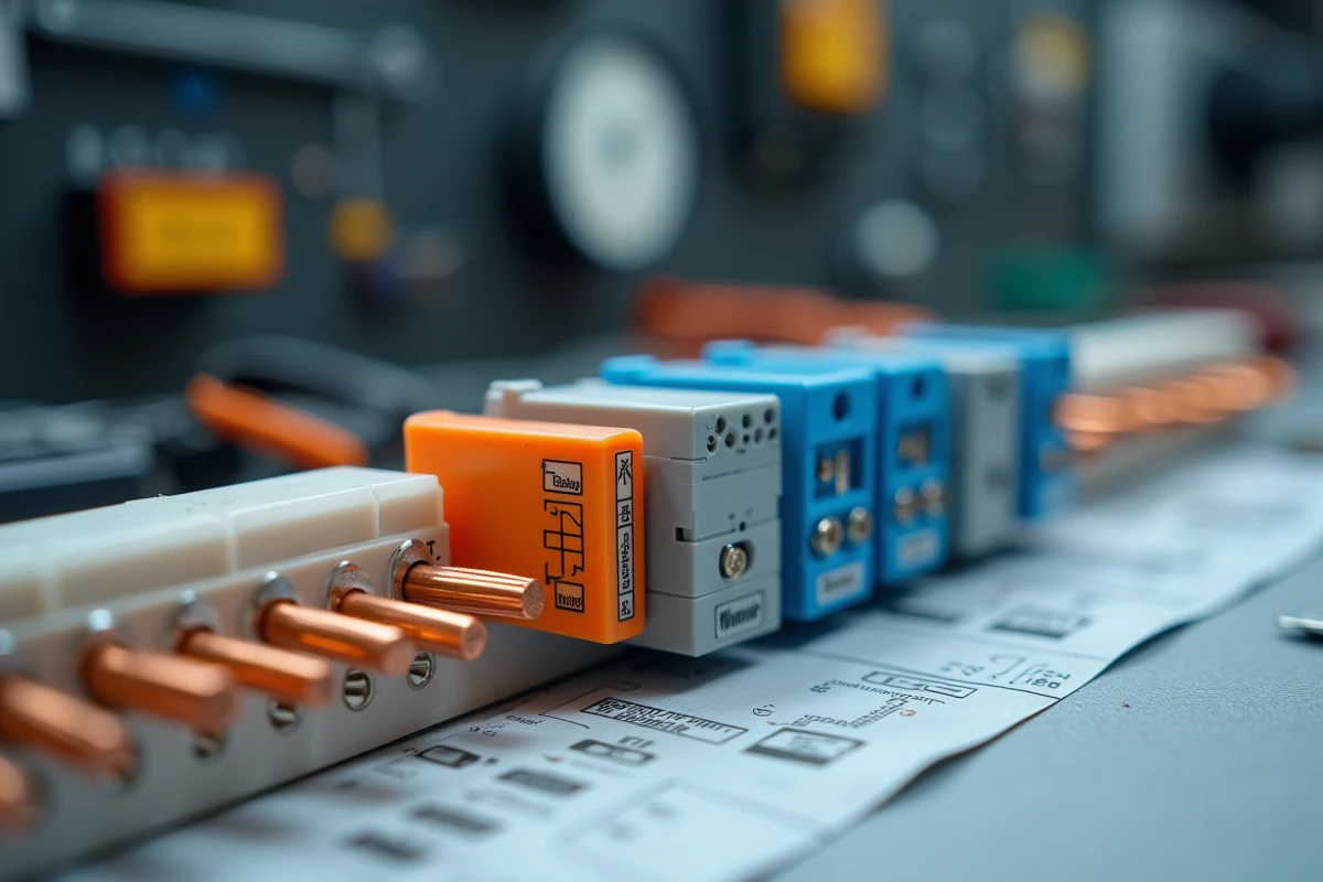Gros plan sur des bornes de connexion électrique avec câbles de différentes sections insérés sur rail DIN
