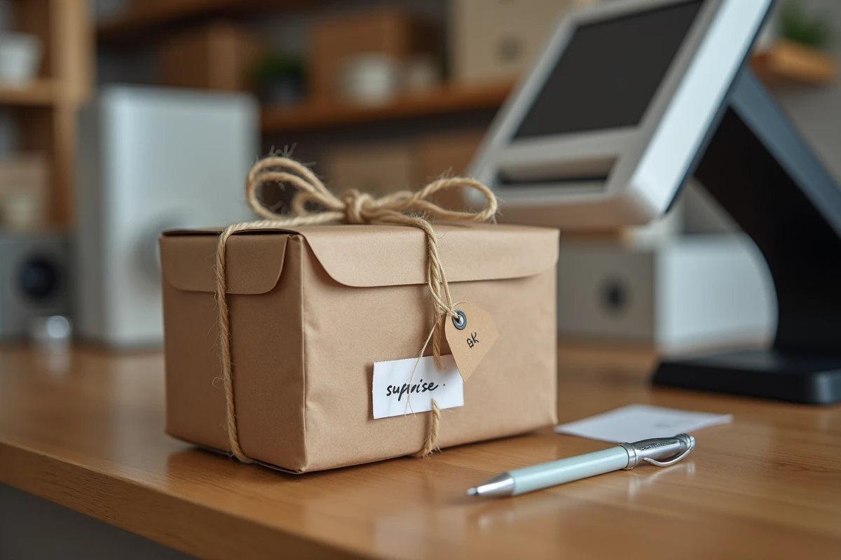 Gros plan d'un colis cadeau emballé avec étiquette Colissimo posé sur le comptoir d'un point de dépôt