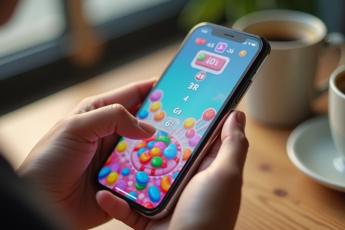 Gros plan de mains tenant un smartphone affichant l'interface d'un jeu de bonbons avec des indicateurs de niveaux colorés