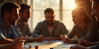 Groupe d'amis jouant à 421 autour d'une table ensoleillée