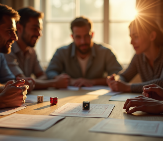 Groupe d'amis jouant à 421 autour d'une table ensoleillée