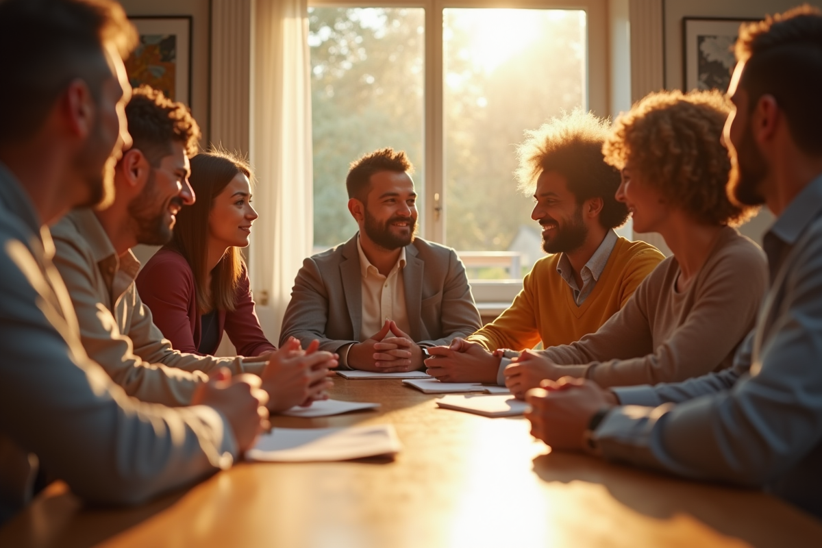 Groupe de personnes discutant chaleureusement autour d une table
