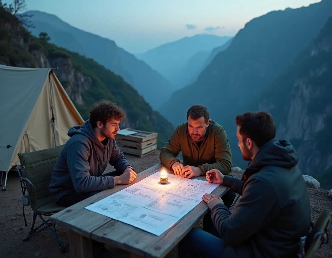 Groupe d'explorateurs autour d'une table de camp en montagne analysant des cartes, symbolisant la richesse et la durée de vie du jeu Clair Obscur Expedition 33