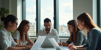 Groupe de jeunes professionnels examinant des documents santé