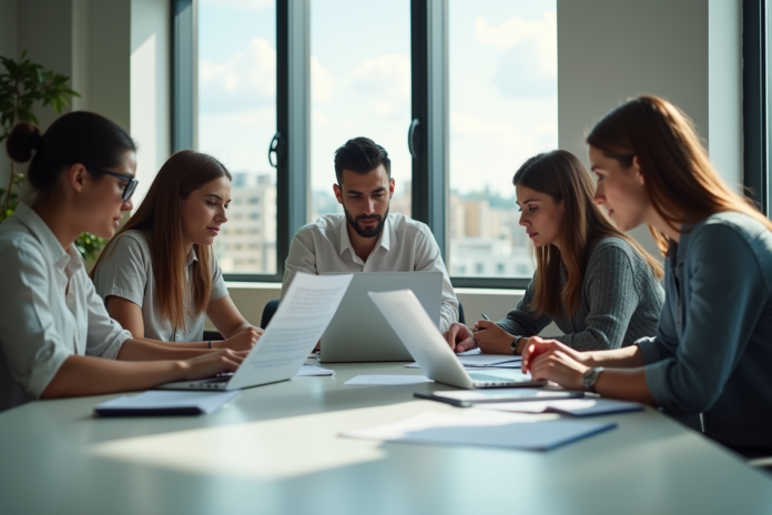 Groupe de jeunes professionnels examinant des documents santé