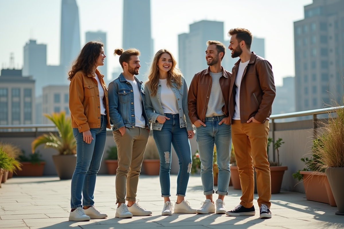 Groupe de personnes discutant de mode sur un toit urbain
