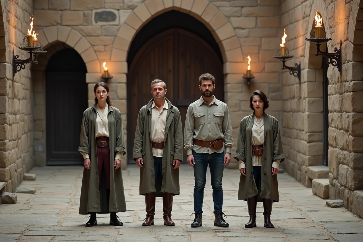 Groupe d'adultes de tailles variées réunis dans une cour de château médiéval rappelant l'univers de Fort Boyard