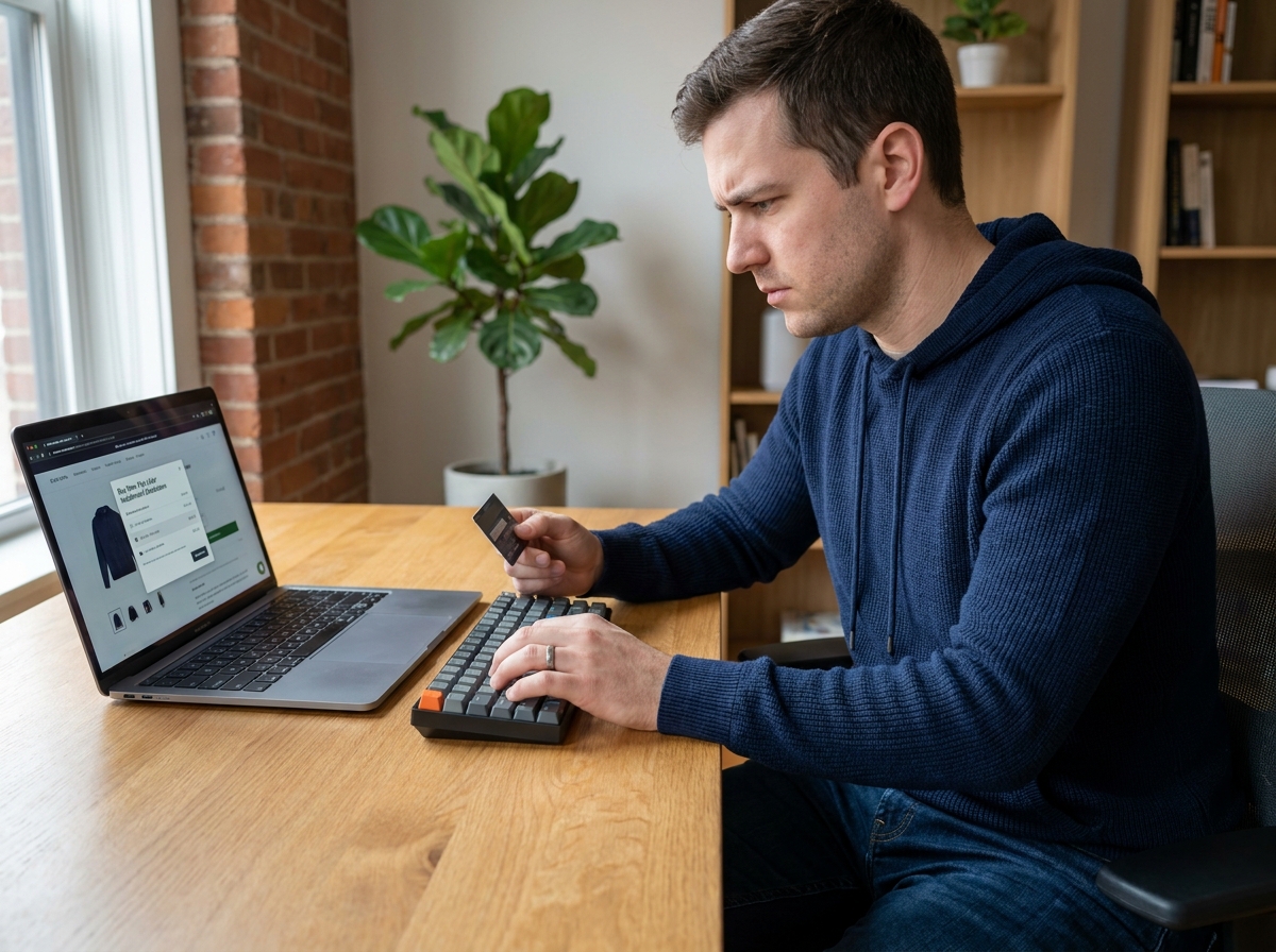 Homme comparant des options de paiement en plusieurs fois BNPL sur un ordinateur portable à domicile