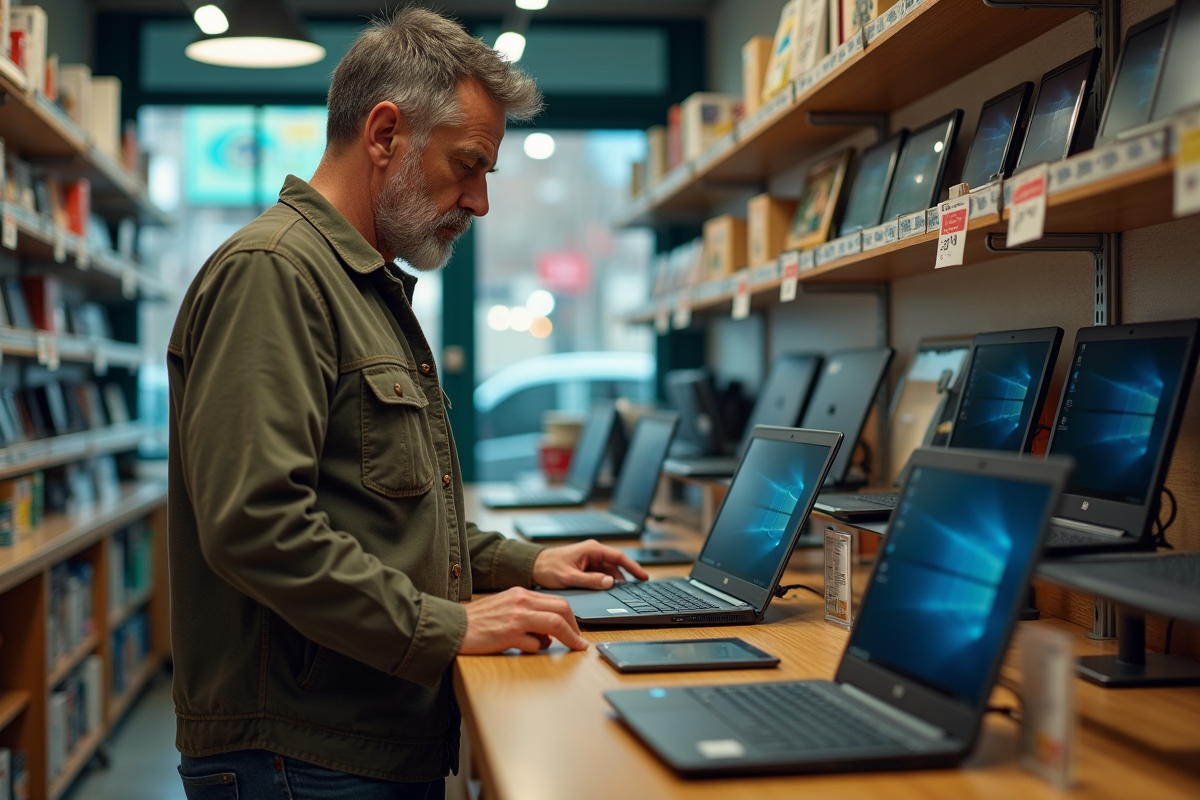 Homme examinant des ordinateurs portables reconditionnes en magasin
