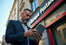 Homme d'affaires inquiet lisant des nouvelles financières sur sa tablette devant une agence Banque Postale