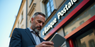 Homme d'affaires inquiet lisant des nouvelles financières sur sa tablette devant une agence Banque Postale