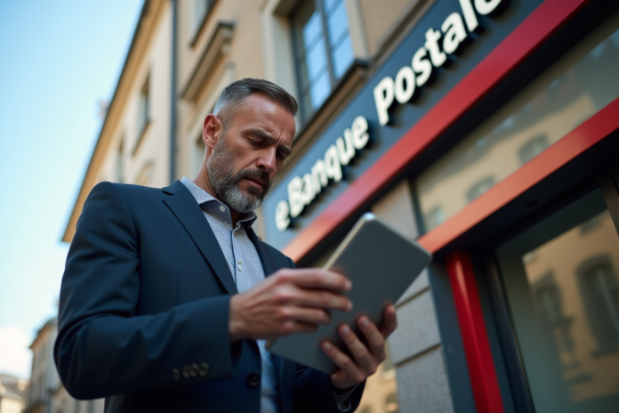 Homme d'affaires inquiet lisant des nouvelles financières sur sa tablette devant une agence Banque Postale