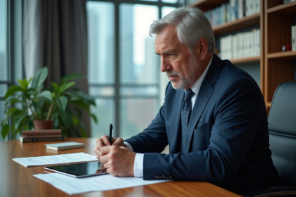 Homme d'affaires en costume navy dans un bureau moderne