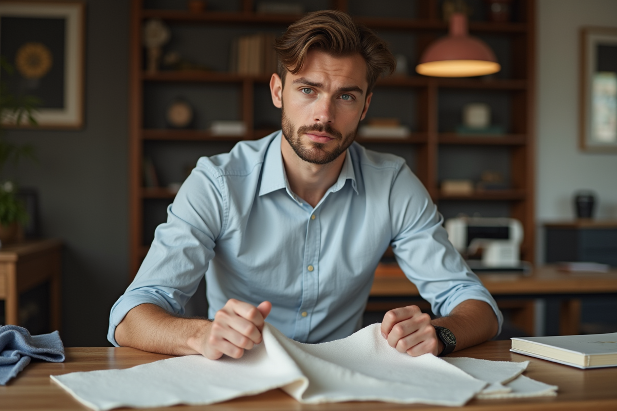 Jeune homme analysant un tissu dans un intérieur cosy