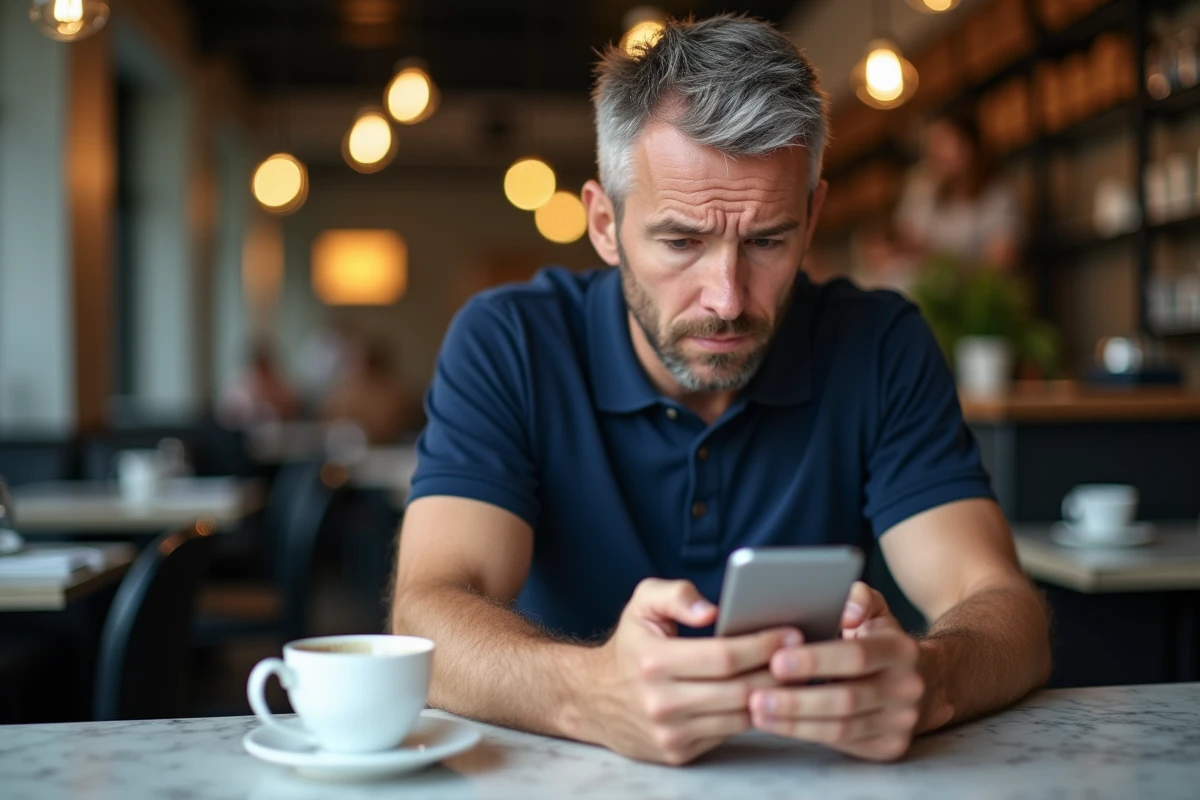 Homme lisant des avis sur Tarenoi depuis son smartphone dans un café urbain moderne
